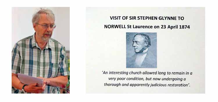John Beckett speaking at Norwell church (left) and plaque at Norwell church commemorating the visit of Sir Stephen Glynne.