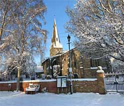 Holy Trinity Church, Ratcliffe on Soar in the snow of 2021.
